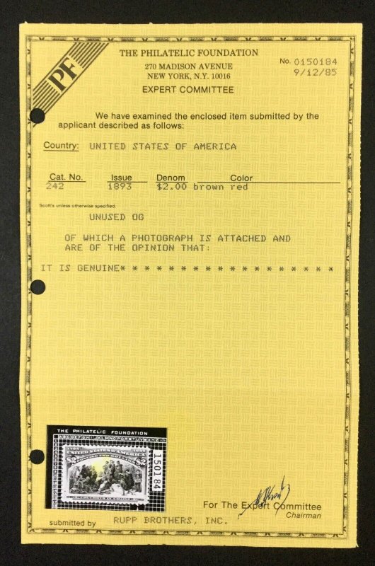 MOMEN: US STAMPS #242 MINT OG H VF+ PF CERT LOT #80634