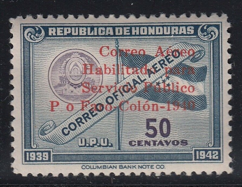 Honduras 1940 50c Colombus Memorial Overprint Error LM Mint. Scott C106 var