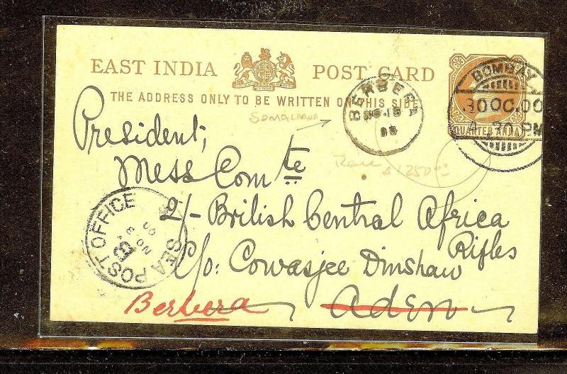 SOMALILAND (P0210B) INDIA QV PSC TO ADEN FORWARDED TO BERBERA SOMALILAND.INCREDI