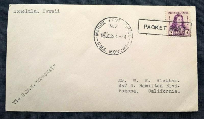 New Zealand 1933 MARINE POST OFFICE RMS MONOWAI PACKET BOAT Cover to California