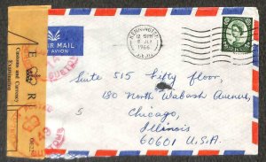 ENGLAND #368 STAMP TO ILLINOIS TYPE 10 CUSTOMS SEAL AIRMAIL COVER 1966