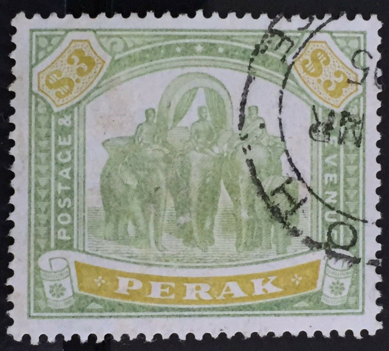 MALAYA 1898 PERAK Elephants & Howdah $3 Used SG#78 M2891