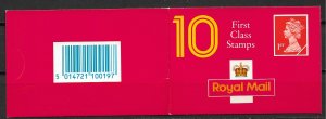 1998 Great Britain 1st Class Barcode Booklet with Sc# MH289a pane of 10 MNH