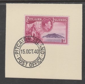 PITCAIRN ISLANDS 1940 KG6 PICTORIAL 1d on piece with MADAME JOSEPH  POSTMARK