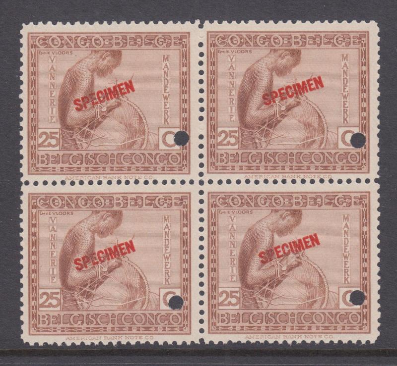 Belgian Congo Sc 93 MNH. 1923 25c Native, red SPECIMEN ovpt, block of 4 