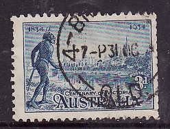 Australia-Sc#143-used 3p blue Tribesman -nibbed perfs right side-1934-