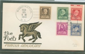 US 864-868 1940 the poets, part of the famous american series, set of 5 on a fdc of the 10c stamp