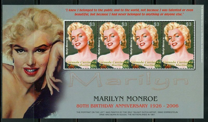 GRENADA GRENADINES  MARILYN MONROE SHEET II OF FOUR  MINT NH 