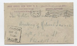 1906 New York penalty cover London MOD nice American receiver [6525.707]