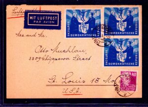 Rsdy Germany DDR Scott #81  x3 Air Mail Cover to Saint Louis, MO  USA 1951