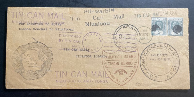 1936 Limerick Fiji Tin Can Canoe Mail cover To Niuafoou Tonga Toga Via Apia