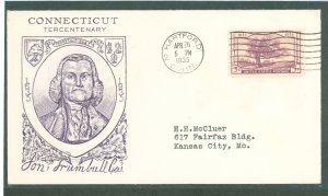 US 772 1935 3c Connecticut Tercentenary, Charter Oak single on an addressed, typed FDC with a Grimsland Cachet