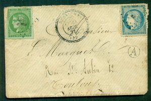 FRANCE, 1871, 5c Imperf (#41) + 20c (#57) tied on small cover, Scott $750.00