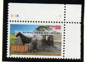 #3090 MNH plate # single 32c Rural Delivery 1996 Issue 