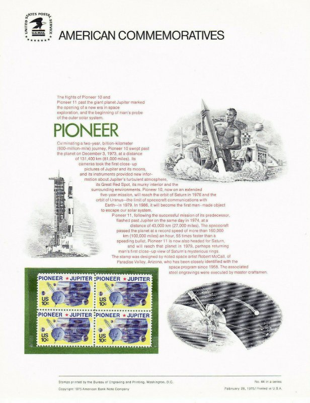 USPS Commemorative Panel 44 #1556 Pioneer 10/11 Jupiter Mint Block of 4 1975