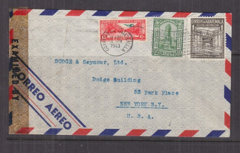 GUATEMALA,1943 censored airmail cover, Guatemala City to USA, 1c., 3c., 15c.