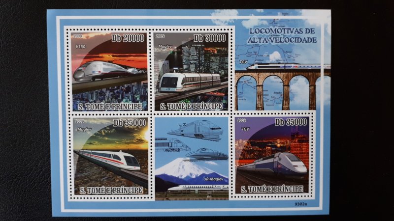 Trains and locomotives - Sao Tome and Principe 2009 - Complete SS+Bl ** MNH