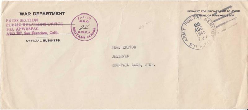 United States A.P.O.'s War Department Penalty 1945 U.S. Army Postal Service, ...