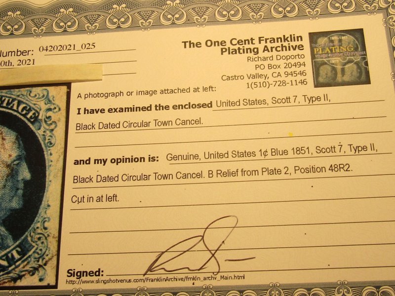 US Stamps Scott #7, Used, SCV $150.00 for: B Relief from PLATE 2, w/Certificate