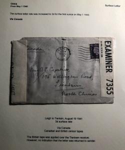 1939 Leigh England Dual Censored Cover To Tientsin China Via Canada