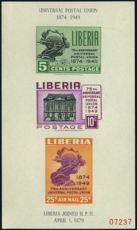 Liberia C67a sheet,hinged.Mi Bl.3. UPU-75,1949.Monument,Bern,UPU Building.