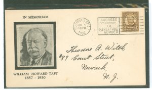 US 685 1930 4c William Howard Taft Memoriam (single) on an addressed FDC with a Cincinnati, OH machine cancel + a Roessler cache