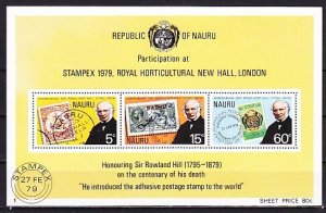 Nauru, Scott cat. 197 A. Sir Roland Hill, Stamp on Stamp s/sheet. ^