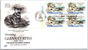 US FIRST DAY COVER GLENN CURTIS PLATE AVIATION PIONEER PLATE BLOCK OF (4) 1980