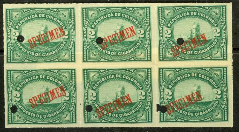 COLOMBIA 1892 TOBACCO TAX REVENUE Specimen & Punch Holes SHIPS BLOCK OF 6 MH