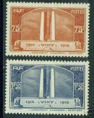 France stamp scott 311-2 MH* Canadian War memorial