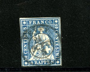 Switzerland #37 (S472) Helvetia 1858 the 10 r blue issue, Used, F-VF