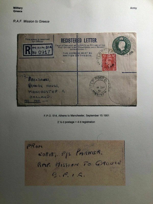 1951 Athens Greece British Army FPO 514 Registered Letter Cover To England