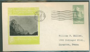 US 747 1934 8c Zion (part of the Nat'l Park Series) single, on an addressed (typed) FDC with an Loor cachet