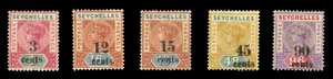 Seychelles #22-26 Cat$157.50, 1893 Surcharges, complete set, hinged