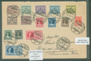 Vatican City 1-13/E1-E2/E1v 1929 Piux XI definitives, E1 var. retouch left of lire (CEI E1a = 40. - Eu.) Fdc, plain, addressed,