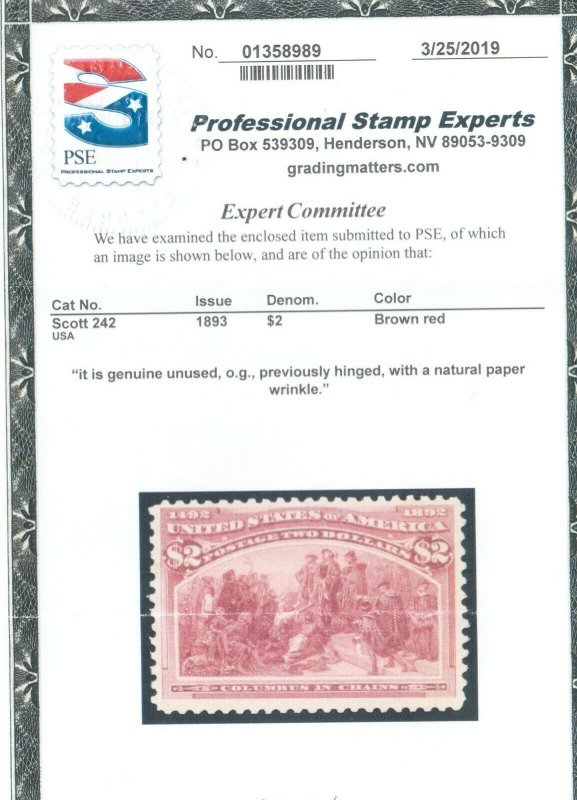 USA #242 Mint Very Fine Extra Light Barely Visible Hinge **With Certificate**