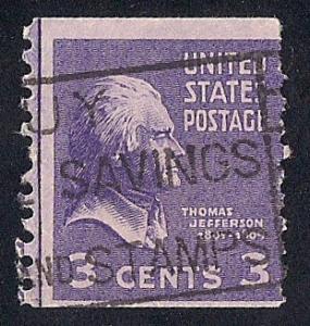 842 3 cent SUPERB LOGO Thomas Jefferson coil Stamp used AVG