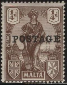 Malta 116 (mh) ¼p allegory of Malta, brn, ovptd “POSTAGE” (1926)