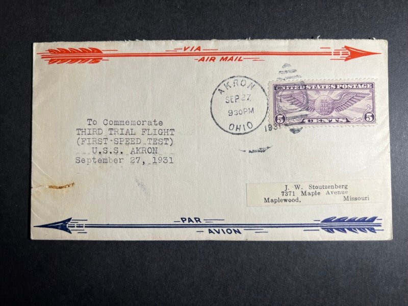 1931 USA Airmail Cover Zeppelin Airship USS Akron Third Trial Flight Akron OH MO