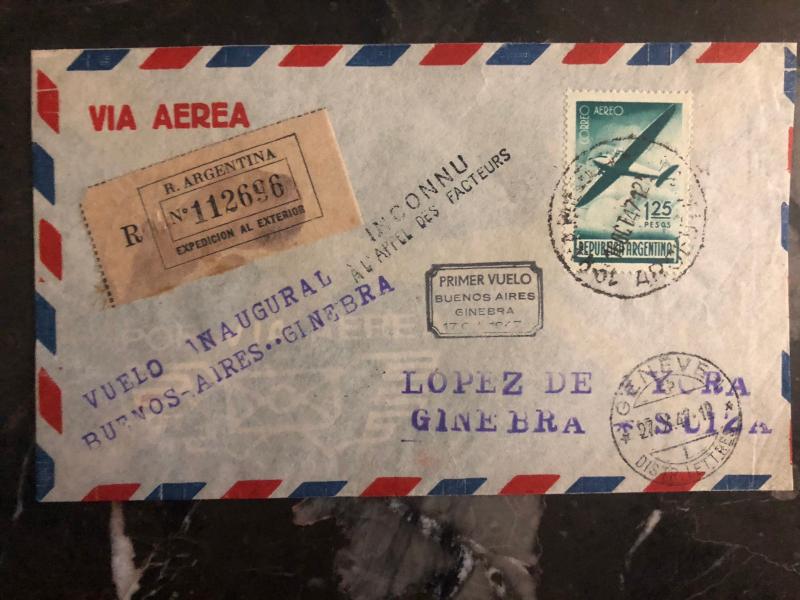 1947 Buenos Aires Argentina First Flight Cover FFC Geneva Switzerland 130 Flown