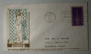 US FDC Sc# 852 S.F. CA 1939 Cachet Craft San Francisco World Fair Pacifica 