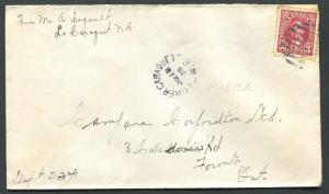 NEW BRUNSWICK SPLIT RING TOWN CANCEL COVER LOWER CARAQUET PURPLE