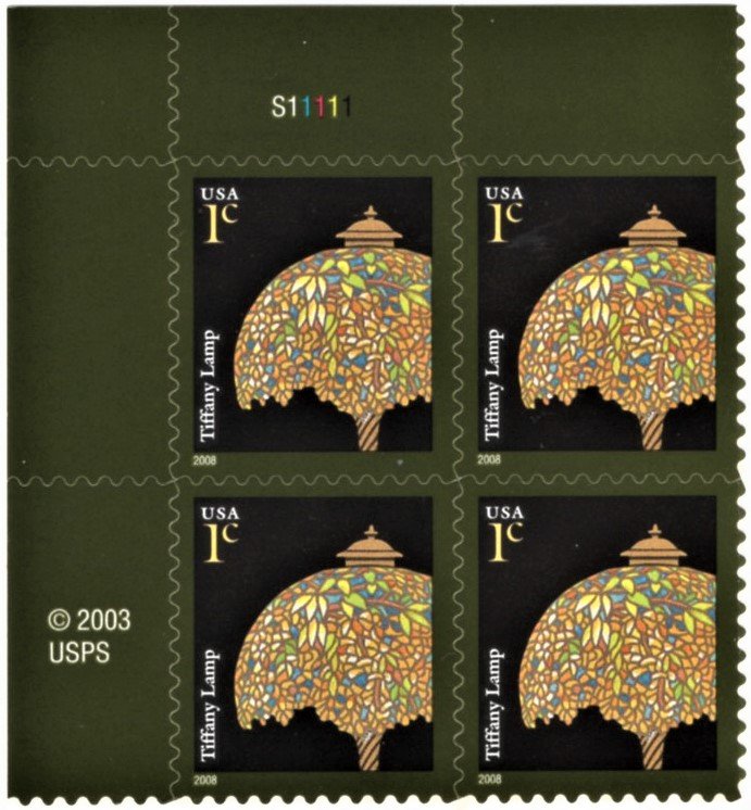 US 3749 MNH VF 1 Cent Tiffany Lamp S/A Plateblock of 4