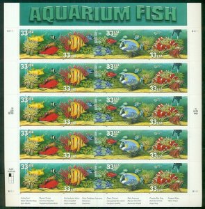 US #3320c 33¢ Aquarium Fish, Pane of 20 with scarce Overall Tagging, NH, VF