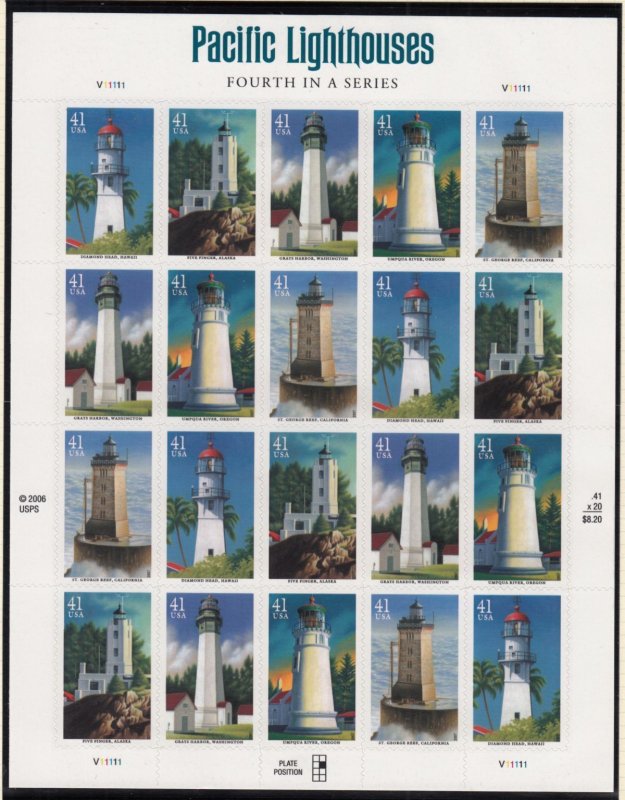 2007 Pacific Lighthouses 5 different Sc 4150a full MNH pane of 20 self-adhesive