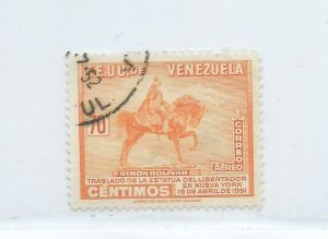 VENEZUELA 1951 BOLIVAR STATUE HORSE MILITARY SC C329 USED HIGH VALUE 70C ORANGE