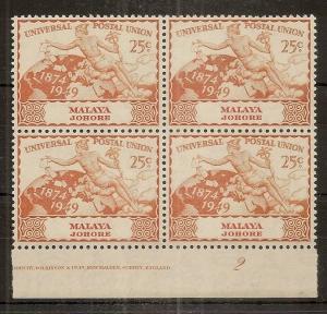 Johore 1949 25c UPU MNH Block Plate 2