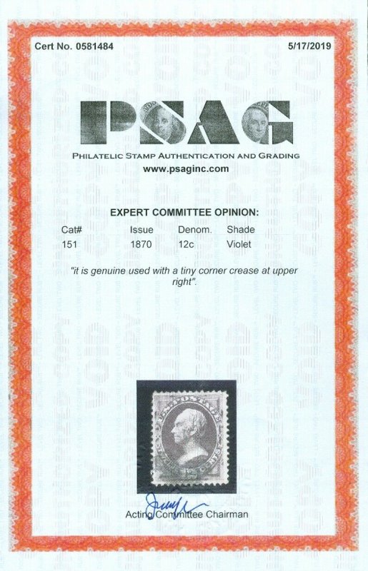 EDW1949SELL : USA 1870 Scott 151 Used. Nice stamp. PSAG Cert. Catalog $220.00.