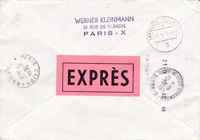 France 1971 Special Delivery Cover Franked with Europa Issues to Germany. VF