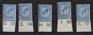 GB 1912 2½d sg371+ um control singles: C13 E14 H16P I16 K17, range of shades,